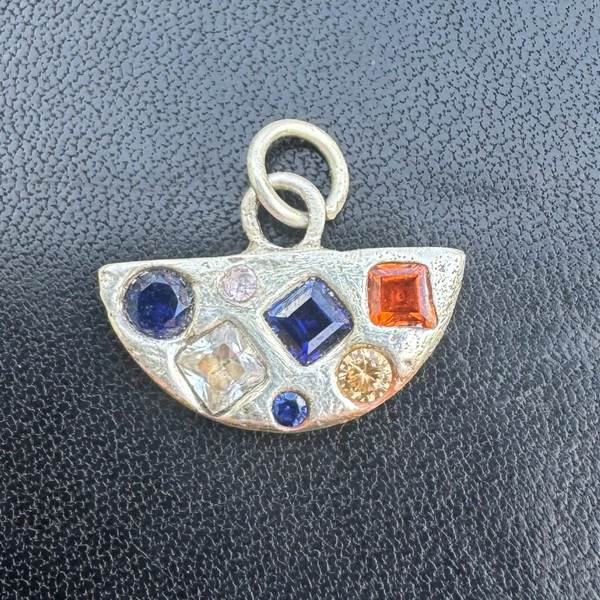 Half Circle - Silver and synthetic sapphires charm pendant