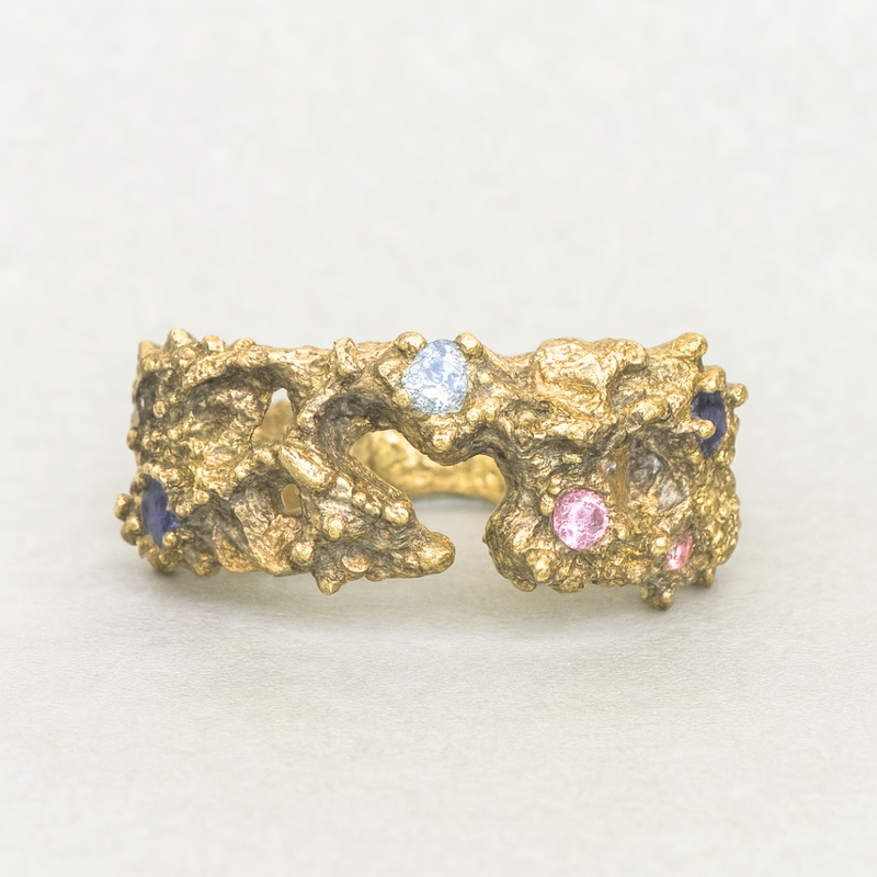 Sea Life - Gold plated silver cigar band & lab-grown sapphires ring