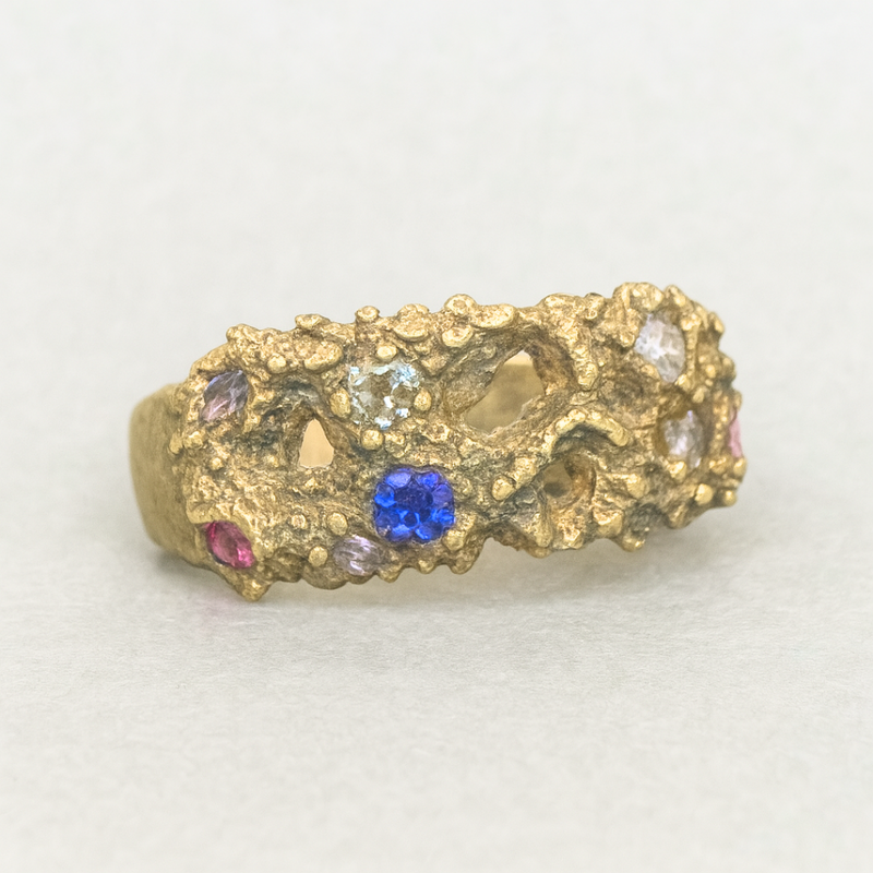 Sea Life - Gold plated silver cigar band & lab-grown sapphires ring