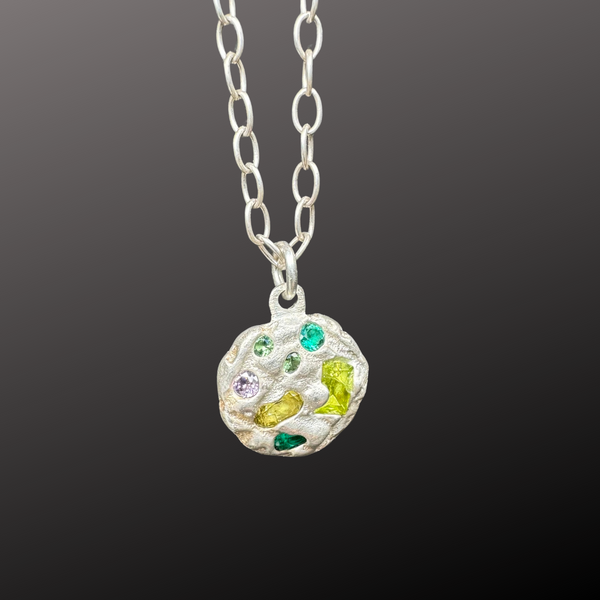 Mossy - Silver and synthetic sapphires and emeralds pendant necklace