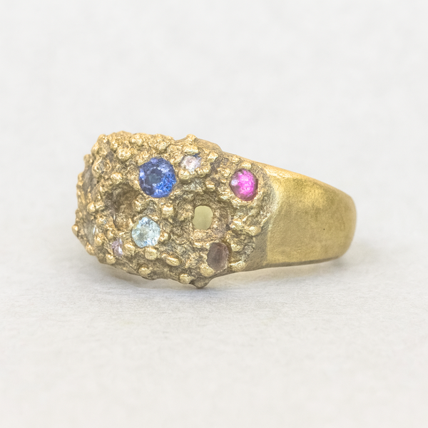 Sea Life - Gold plated silver cigar band & lab-grown sapphires ring