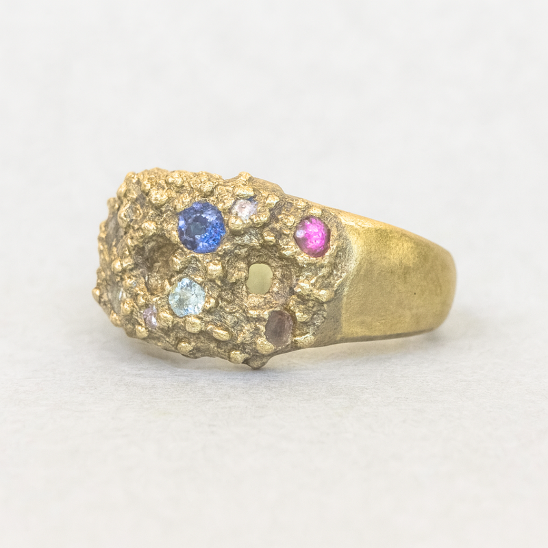 Sea Life - Gold plated silver cigar band & lab-grown sapphires ring
