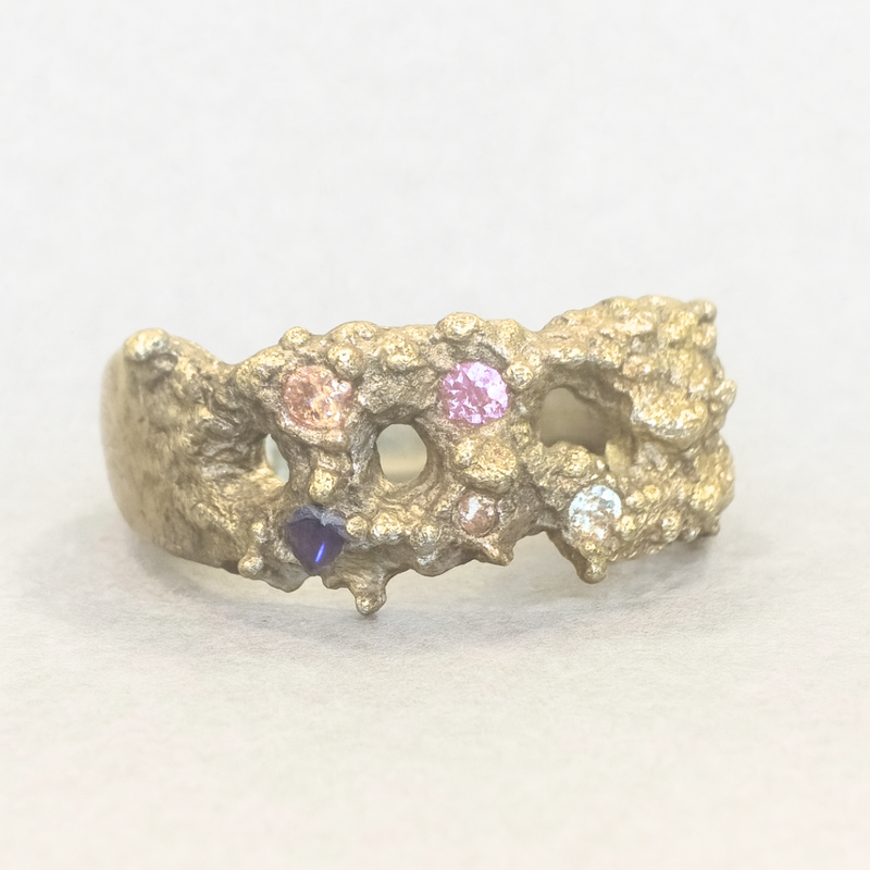 Sea Life - Gold plated silver cigar band & lab-grown sapphires ring