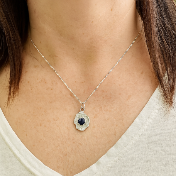 Impasto Sapphire Cabochon - Silver and Natural Sapphire Cabochon Pendant