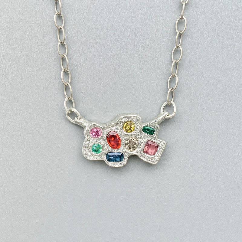 Imperfectus 2 - Silver and synthetic sapphires emerald pendant necklace