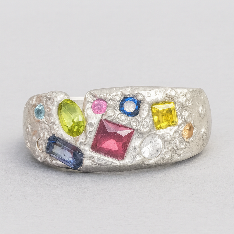 Spectacular - Silver cigar band with lab-grown sapphires ring
