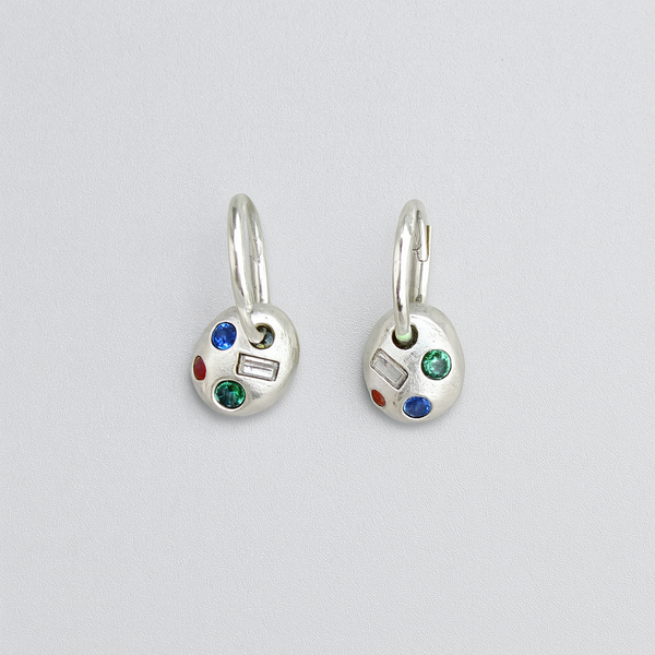 Orbs - Silver & lab-grown sapphires + moissanite hoop earring