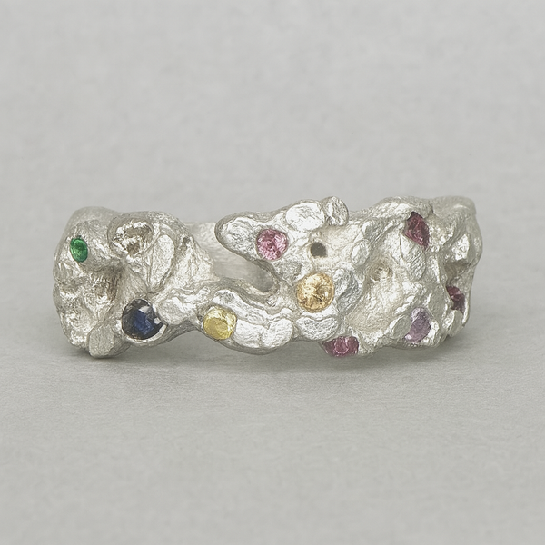 Great - Silver cigar band & lab-grown sapphires ring
