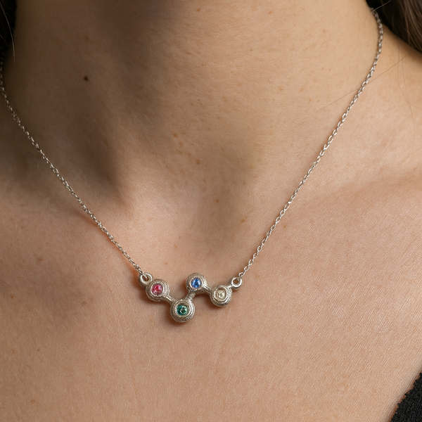 Necklace with colorful gemstones worn by a person