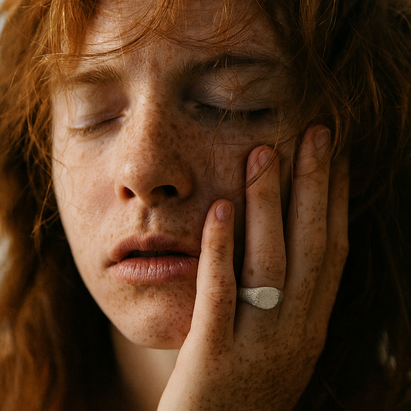 Person with red hair and freckles, holding their hand to their face.
