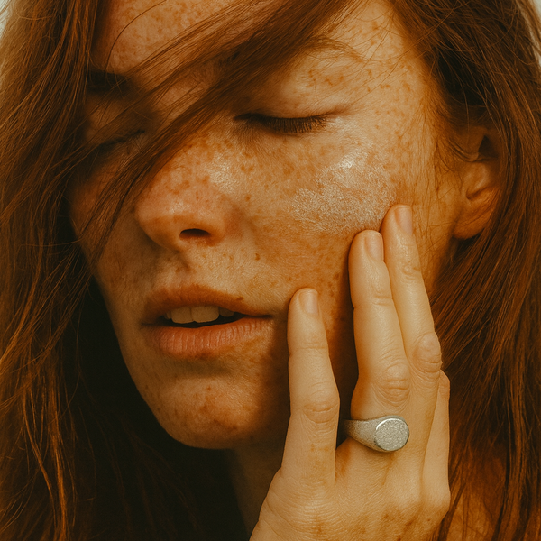 Woman with freckles holding her face with a warm, brown filter.