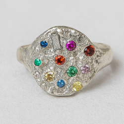 Gemma - Silver & lab-grown sapphires + moissanite signet ring