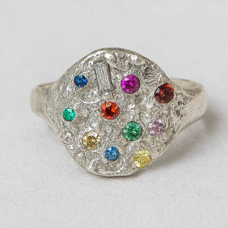 Gemma - Silver & lab-grown sapphires + moissanite signet ring