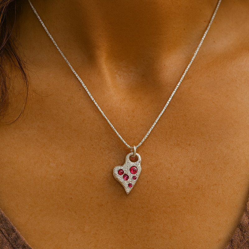 Heart-shaped necklace with red stones worn by a person