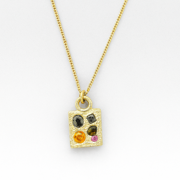 Necklace with a square pendant featuring multicolored stones on a white background