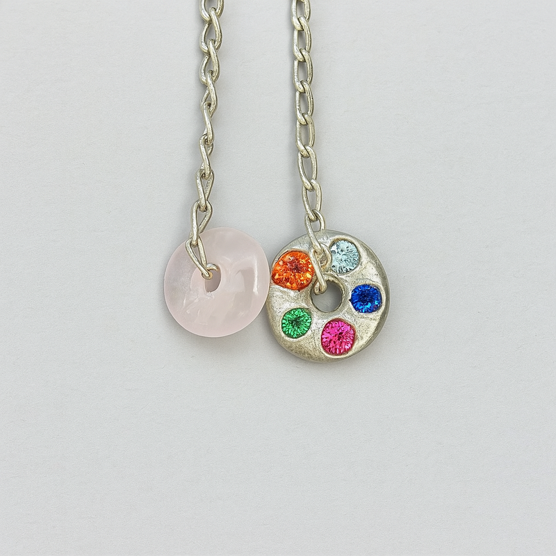 Rose Donut - Rose quartz and silver sapphire pendant necklace