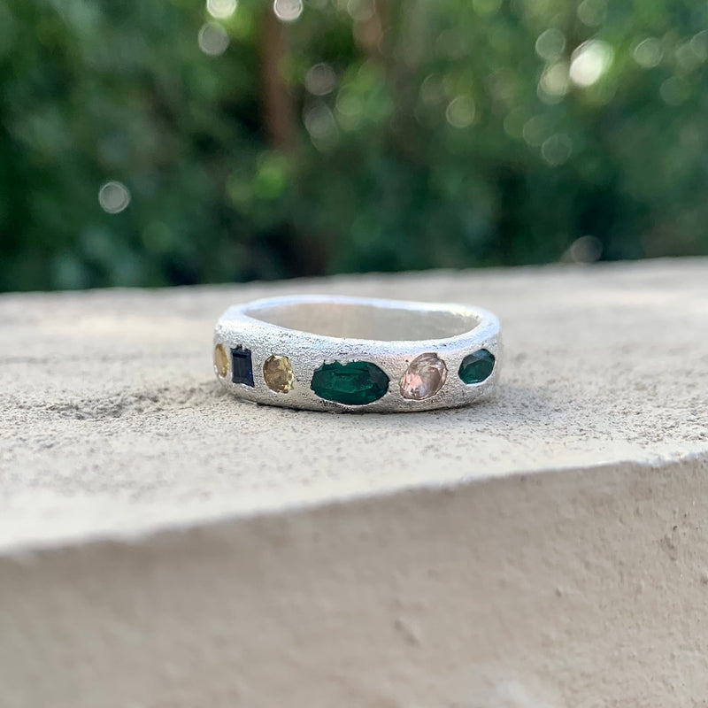 Loyal - Silver and synthetic sapphires and emeralds band ring