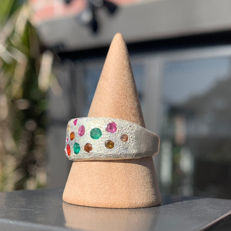 Pixie Dust - Silver and multi-gemstone half shield ring