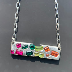 Neon Bar - Silver and synthetic sapphires and emeralds bar pendant necklace