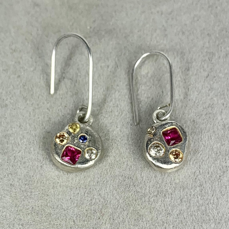 Askew - Silver and synthetic sapphire/ruby gemstone dangly earrings