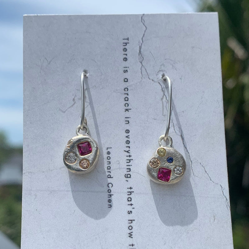 Askew - Silver and synthetic sapphire/ruby gemstone dangly earrings