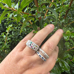Movement - Silver cigar band multi coloured lab grown sapphires ring