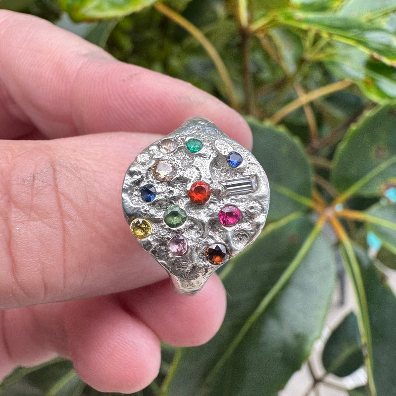 Gemma - Silver & lab-grown sapphires + moissanite signet ring