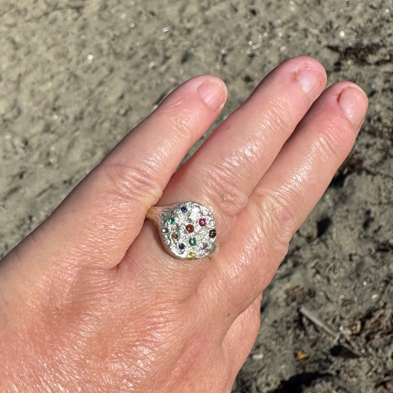 Gemma - Silver & lab-grown sapphires + moissanite signet ring