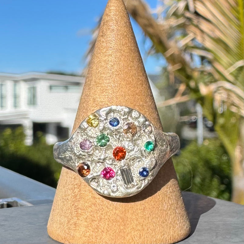 Gemma - Silver & lab-grown sapphires + moissanite signet ring