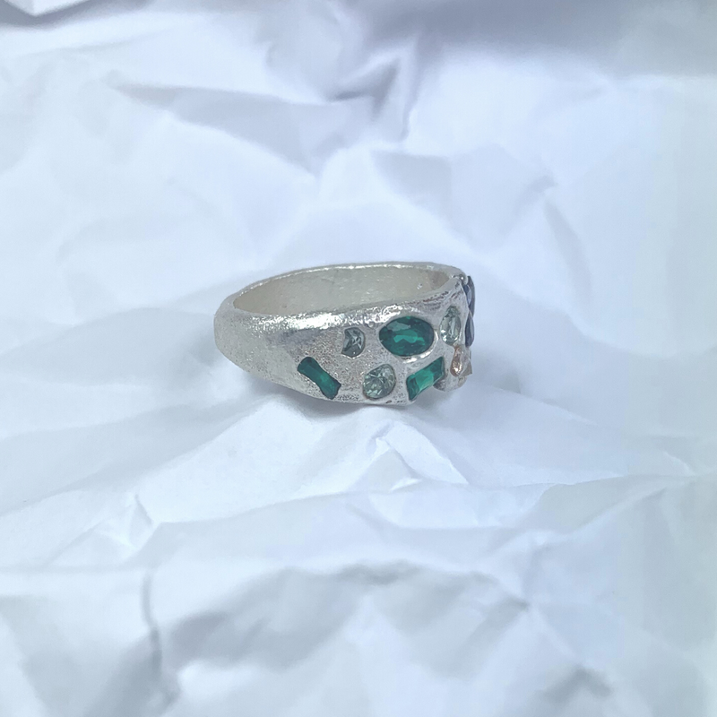 Protection - Silver and synthetic sapphires half shield ring