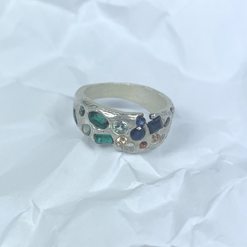 Protection - Silver and synthetic sapphires half shield ring