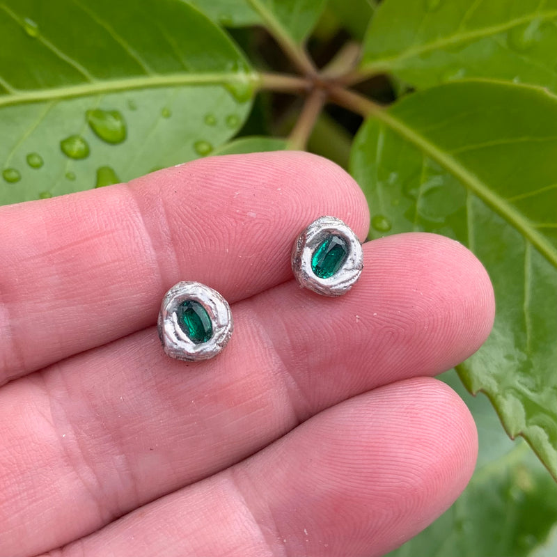 Janine - Silver and synthetic emerald stud earrings