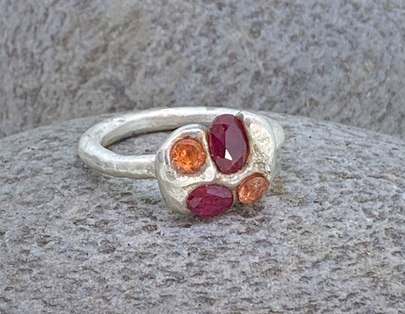 Sterling silver and synthetic sapphires and rubies ring