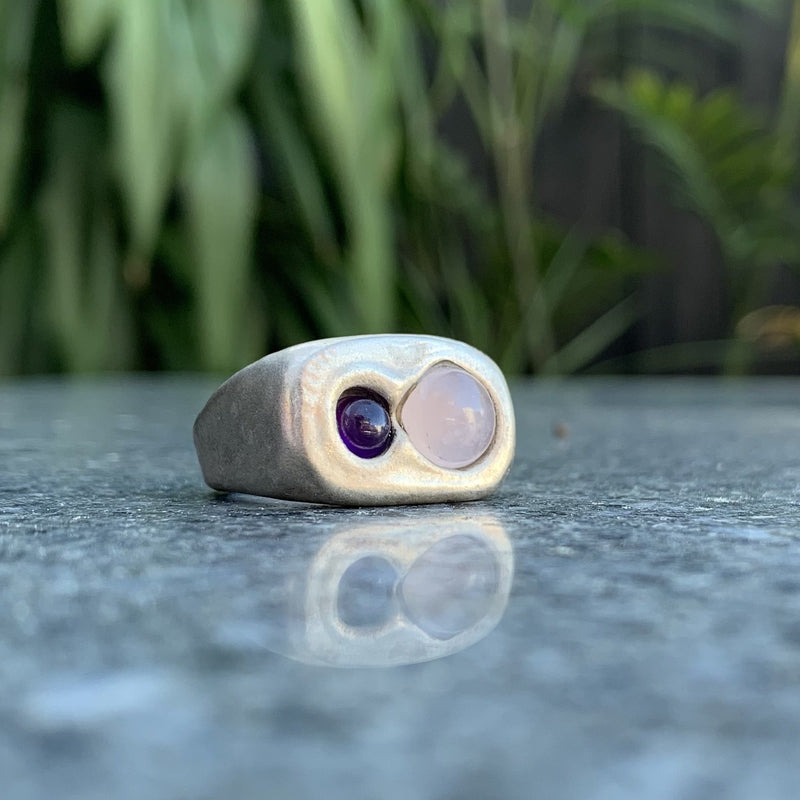 Rosy - Silver, bronze, rose quartz, amethyst ring